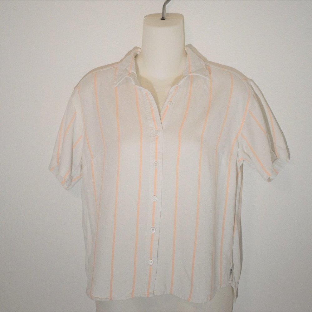 Obey Shirt Sz XS Crop Button Down Striped Relaxed Fit Minimalist Neutral Preppy
